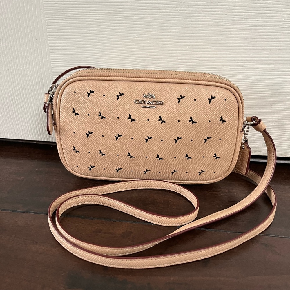 Coach Soft Leather Double Zipped Purse, Crossbody with Perforated Butterflies - Picture 3 of 10